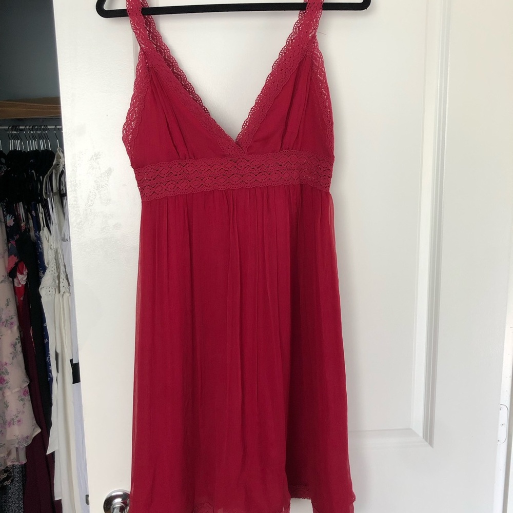 NWT Forever21 Fit and Flare Magenta Dress with surplice neckline and lace detail